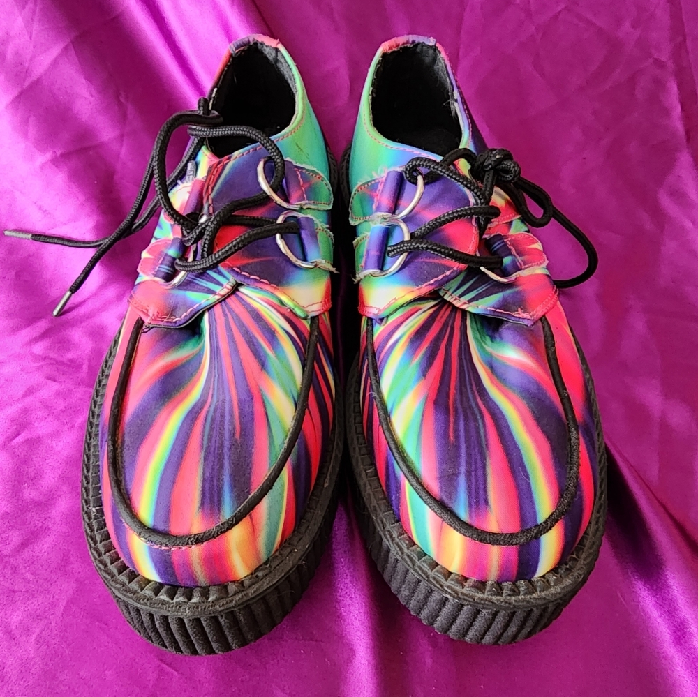 T.U.K. A8583 Tuk Shoes Ladies Hi Rainbow Print Brothel Creepers Psychedelic US 5